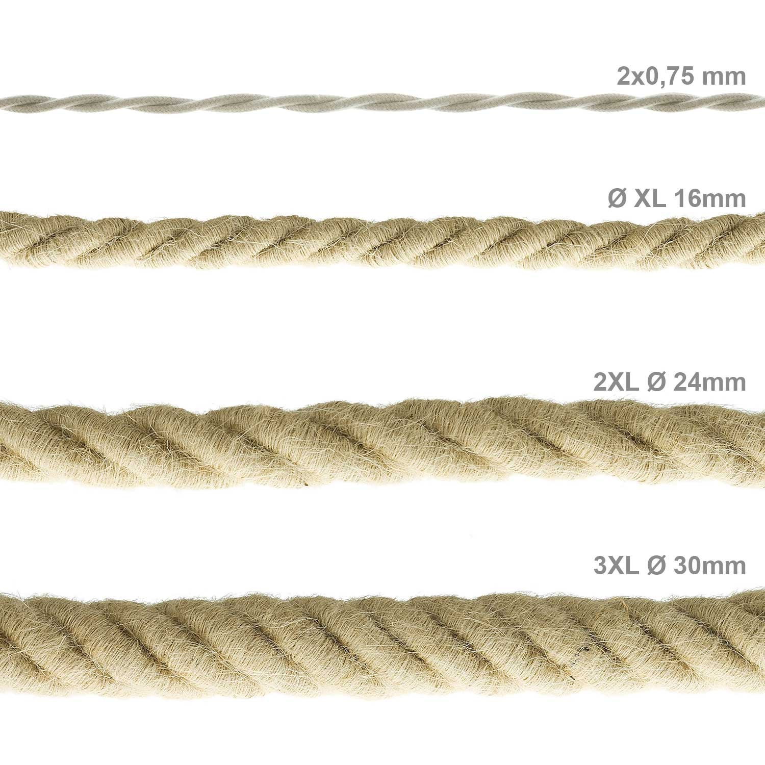 Corde 2XL, câble électrique 3x0,75. Revêtement en jute, coton et lin  naturel Country. Diamètre 24mm.