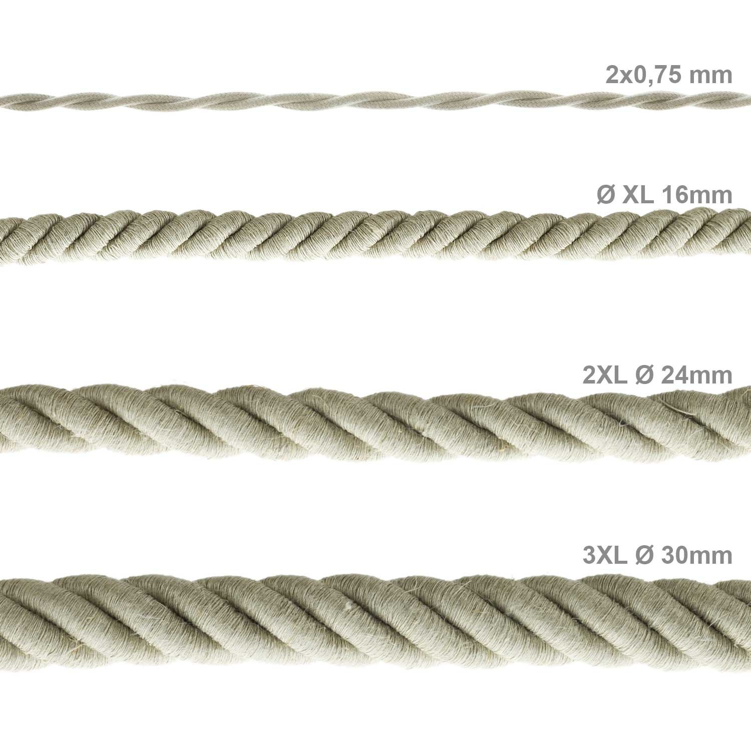 Corde 2XL, câble électrique 3x0,75. Revêtement en lin naturel. Diamètre 24mm.