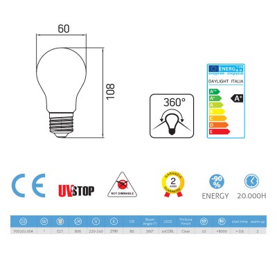 Lampadina filamento Led Goccia 6.5W E27 Chiara