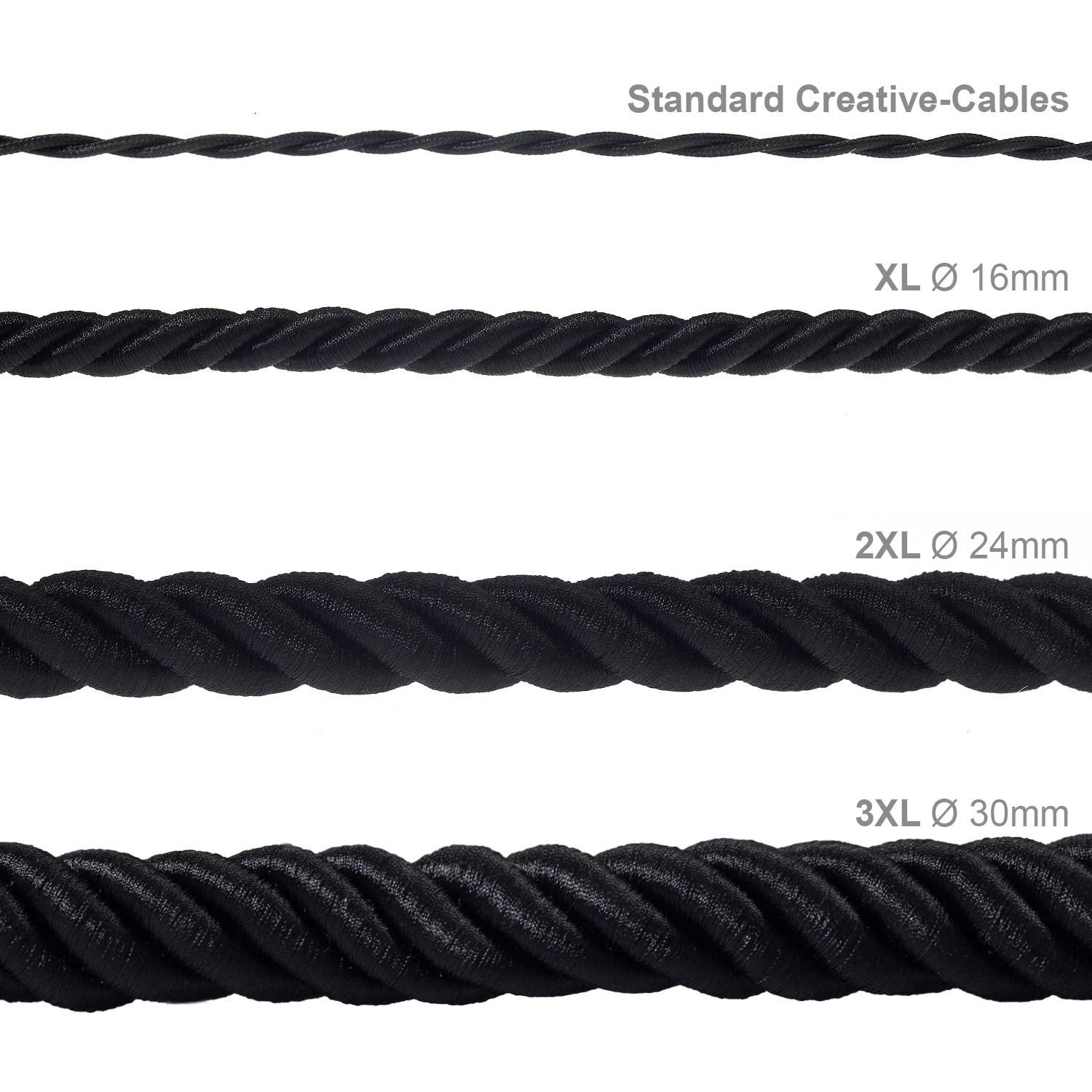 Corde XL, câble électrique 3x0,75. Revêtement en tissu noir brillant. Diamètre 16mm.