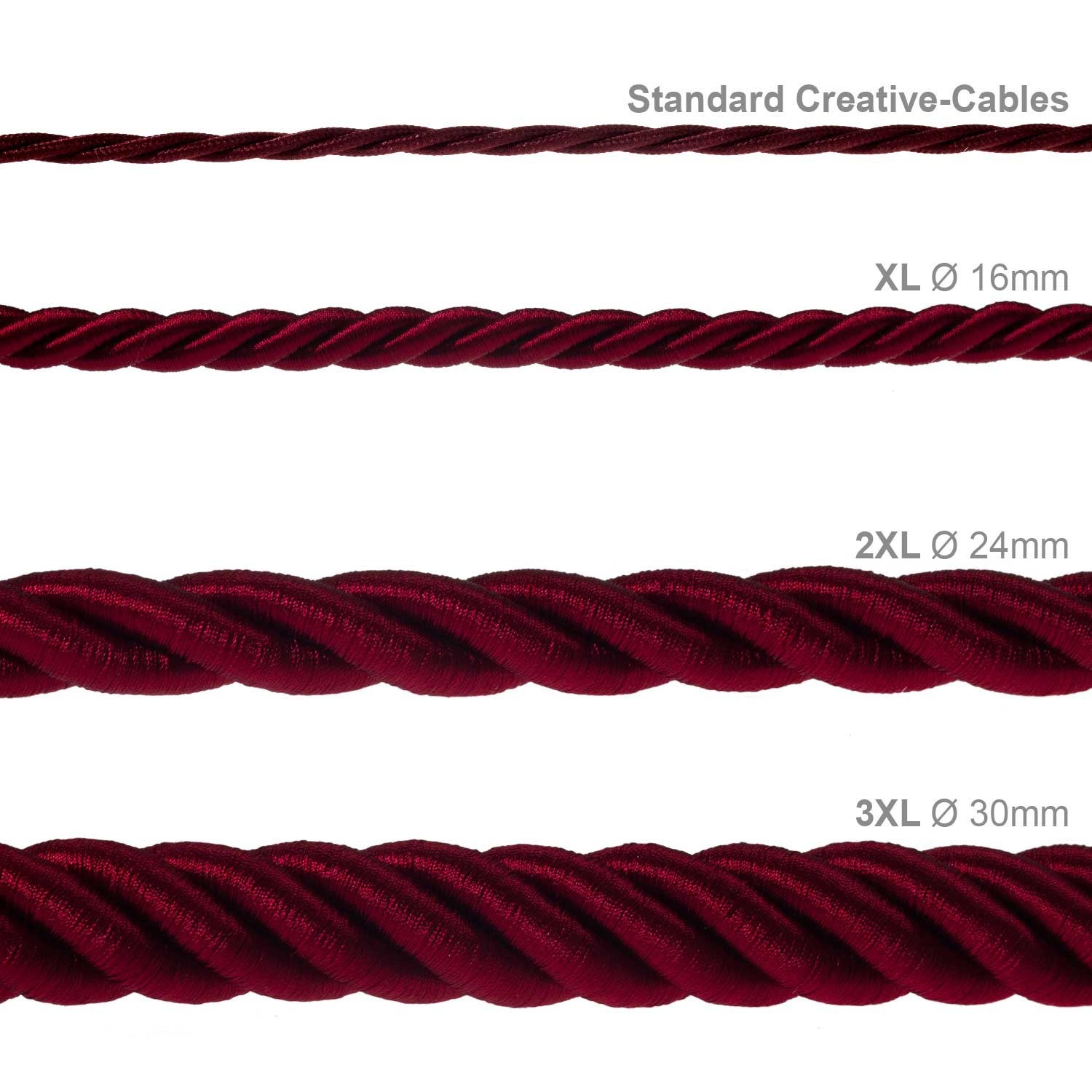 Corde 2XL, câble électrique 3x0,75. Revêtement en tissu bordeaux foncé brillant. Diamètre 24mm.