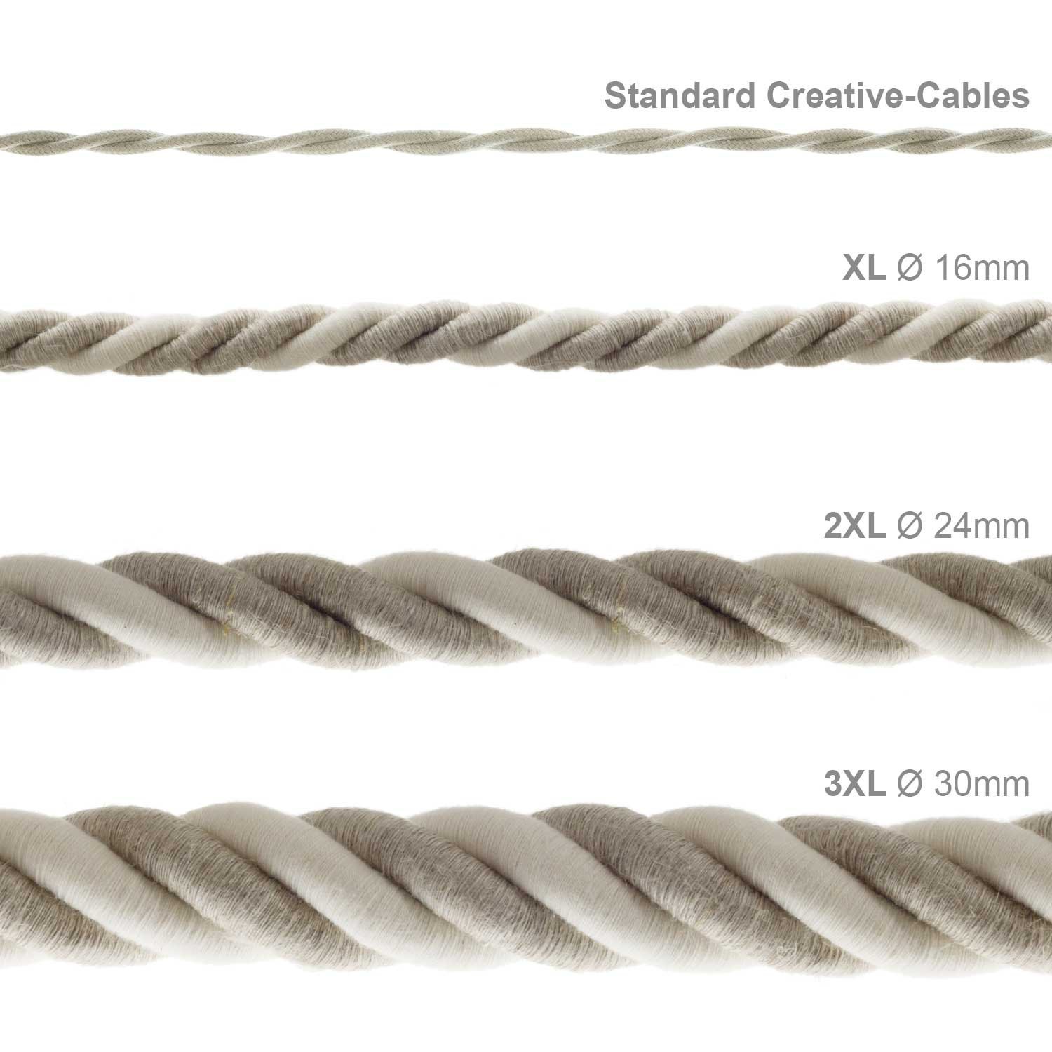 Corde XL, câble électrique 3x0,75. Revêtement en lin naturel et coton brut. Diamètre 16mm.