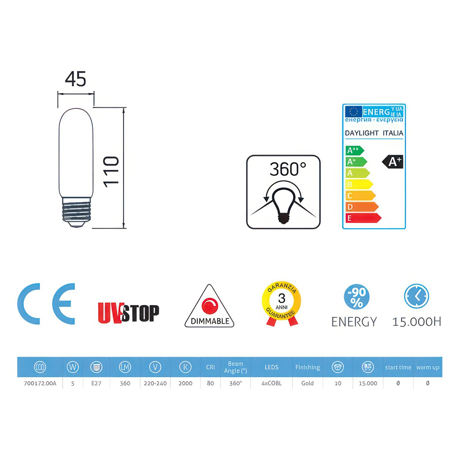 Lampadina Dorata Valvola LED T45 5W E27 Dimmerabile 2000K