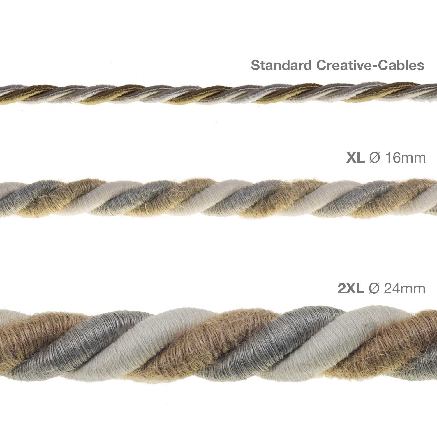 Corde 2XL, câble électrique 3x0,75. Revêtement en jute, coton et lin naturel Country. Diamètre 24mm.