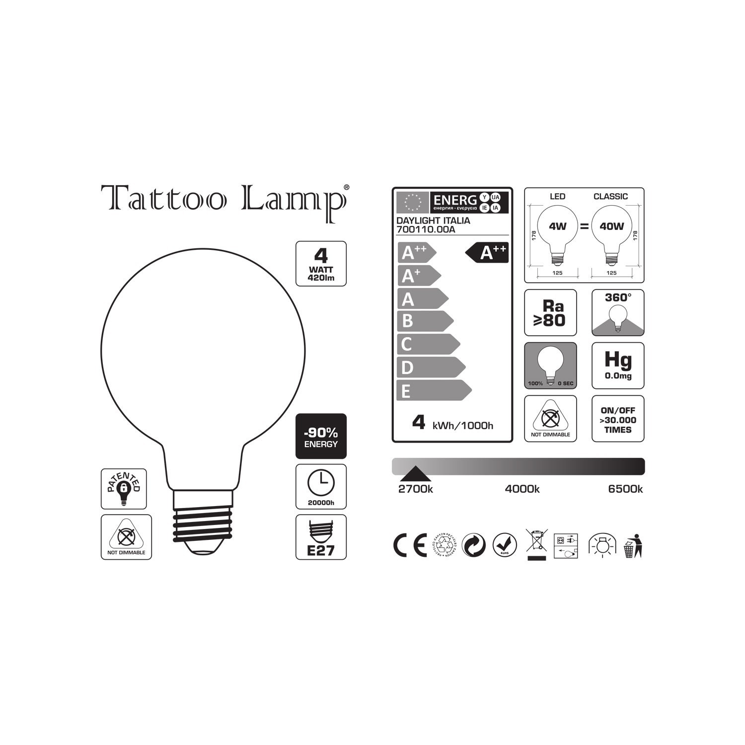 Lampadina LED Globo G125 Filamento Corto Linea Tattoo Lamp® Modello Otto 4W E27 2700K