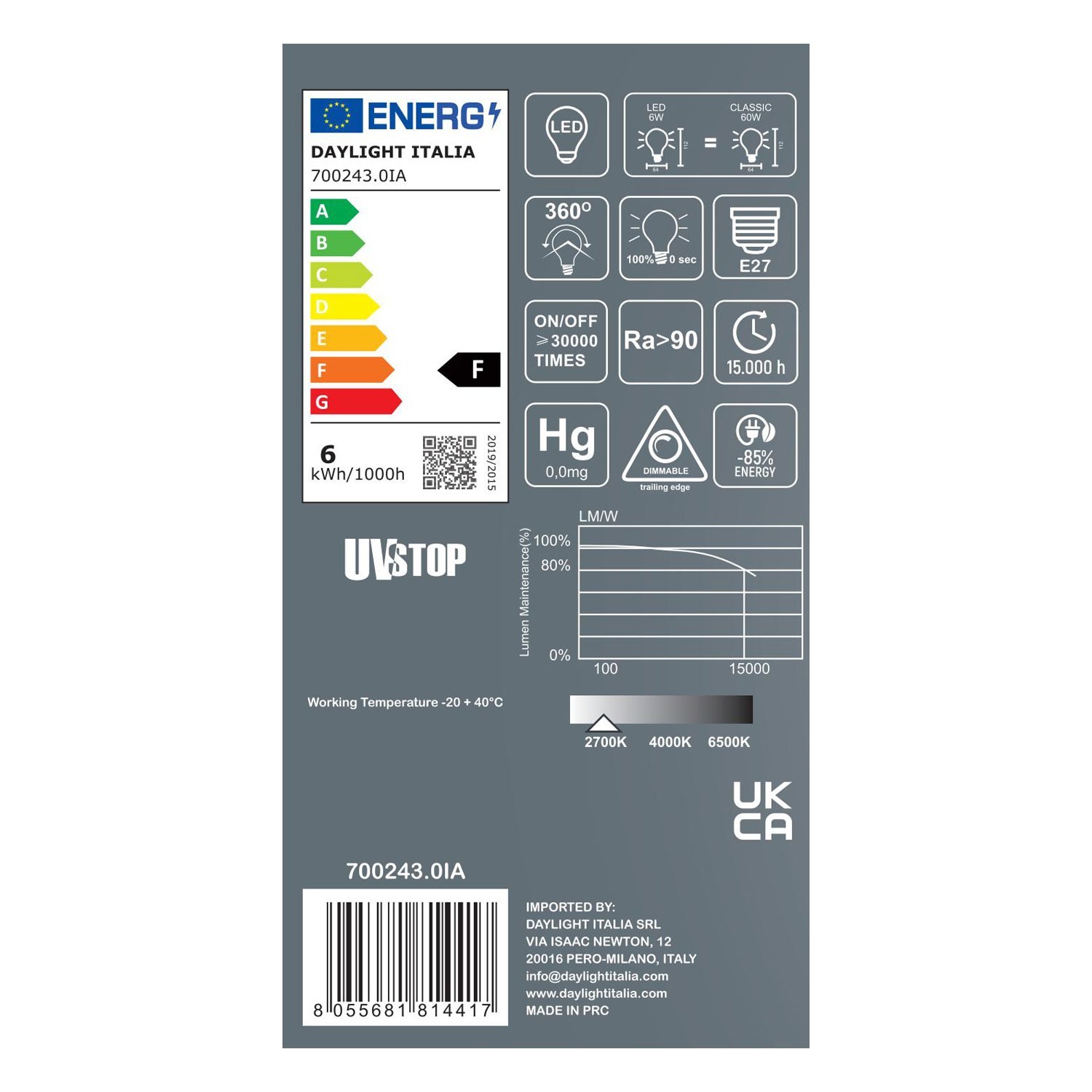 Ampoule LED effet Porcelaine Milo 6W E27 Dimmable 2700K