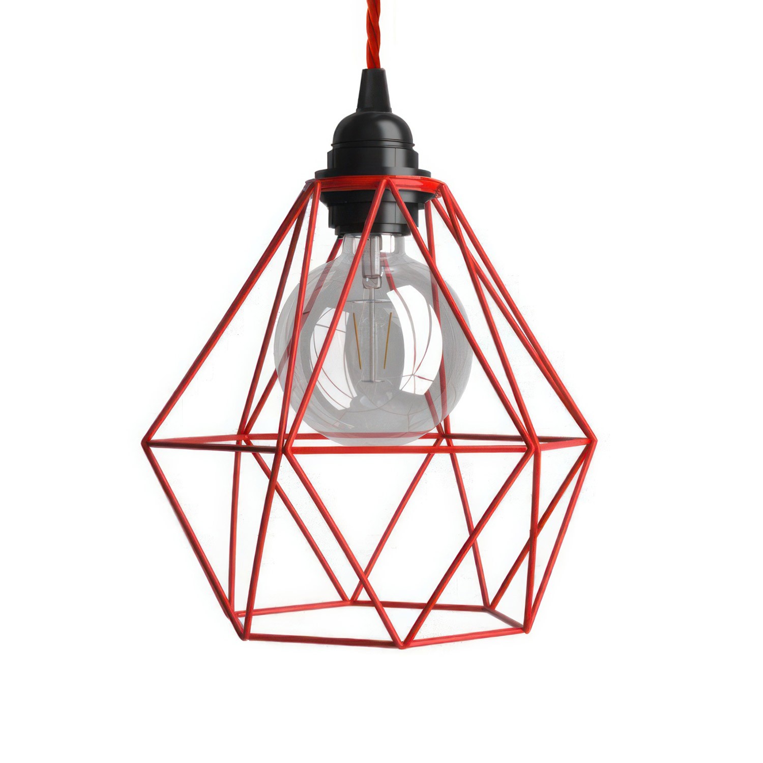 Suspension avec câble textile, abat-jour cage Diamond et finition en métal - Made in Italy