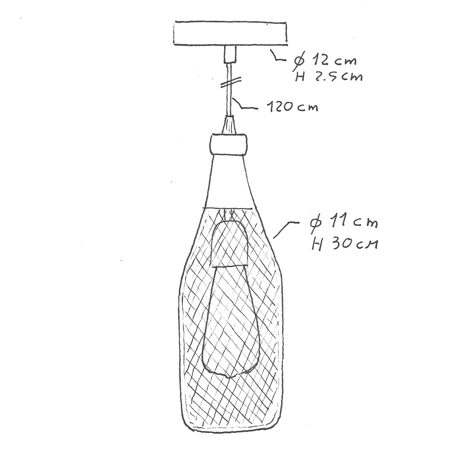 Pendelleuchte mit Textilkabel, flaschenförmiger Lampenschirmkäfig Magnum und Metall-Zubehör - Hergestellt in Italien