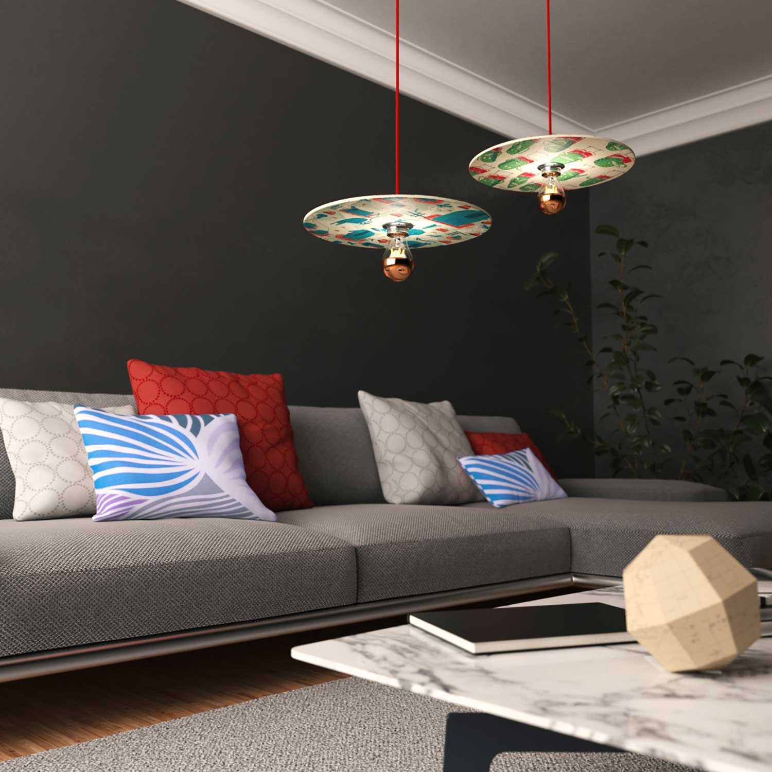 Lampada a sospensione con cavo tessile, paralume in legno UFO double-face e finiture in metallo - Made in Italy