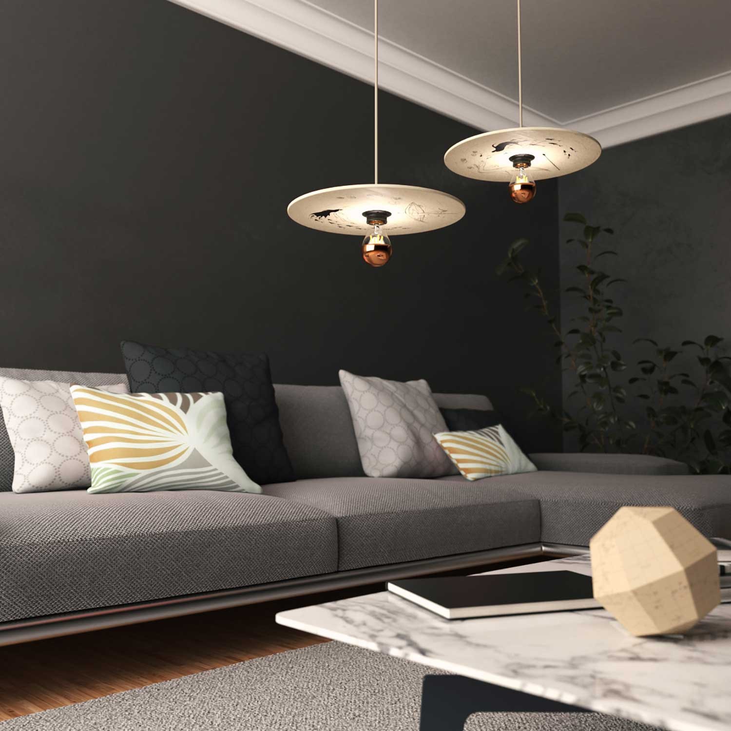 Lampada a sospensione con cavo tessile, paralume in legno UFO double-face e finiture in metallo - Made in Italy