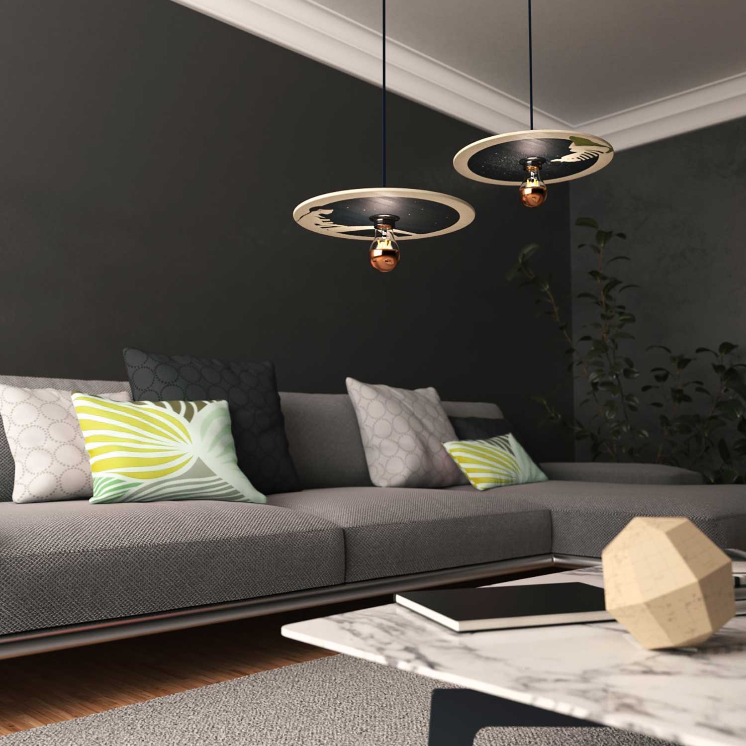 Lampada a sospensione con cavo tessile, paralume in legno UFO double-face e finiture in metallo - Made in Italy