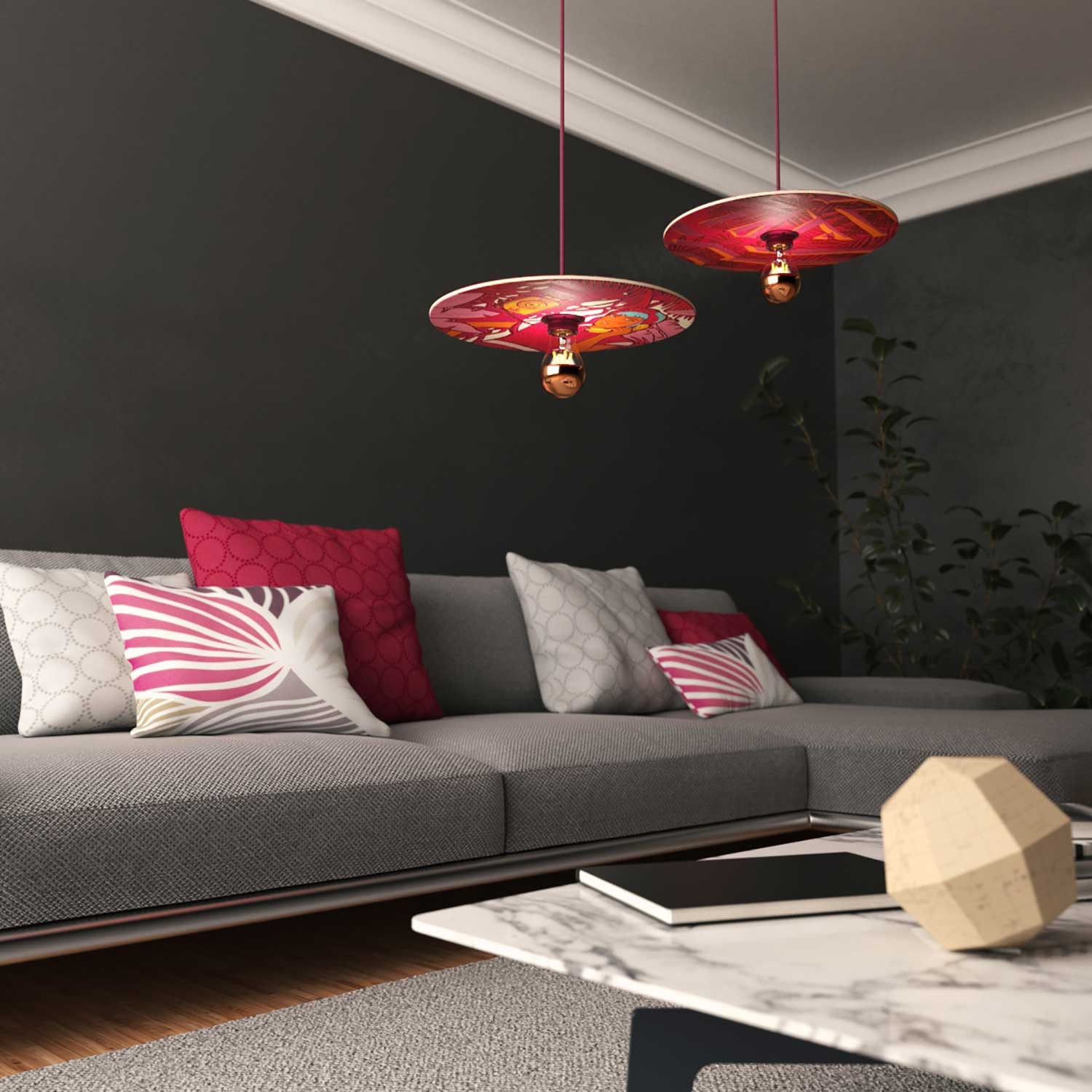 Lampada a sospensione con cavo tessile, paralume in legno UFO double-face e finiture in metallo - Made in Italy