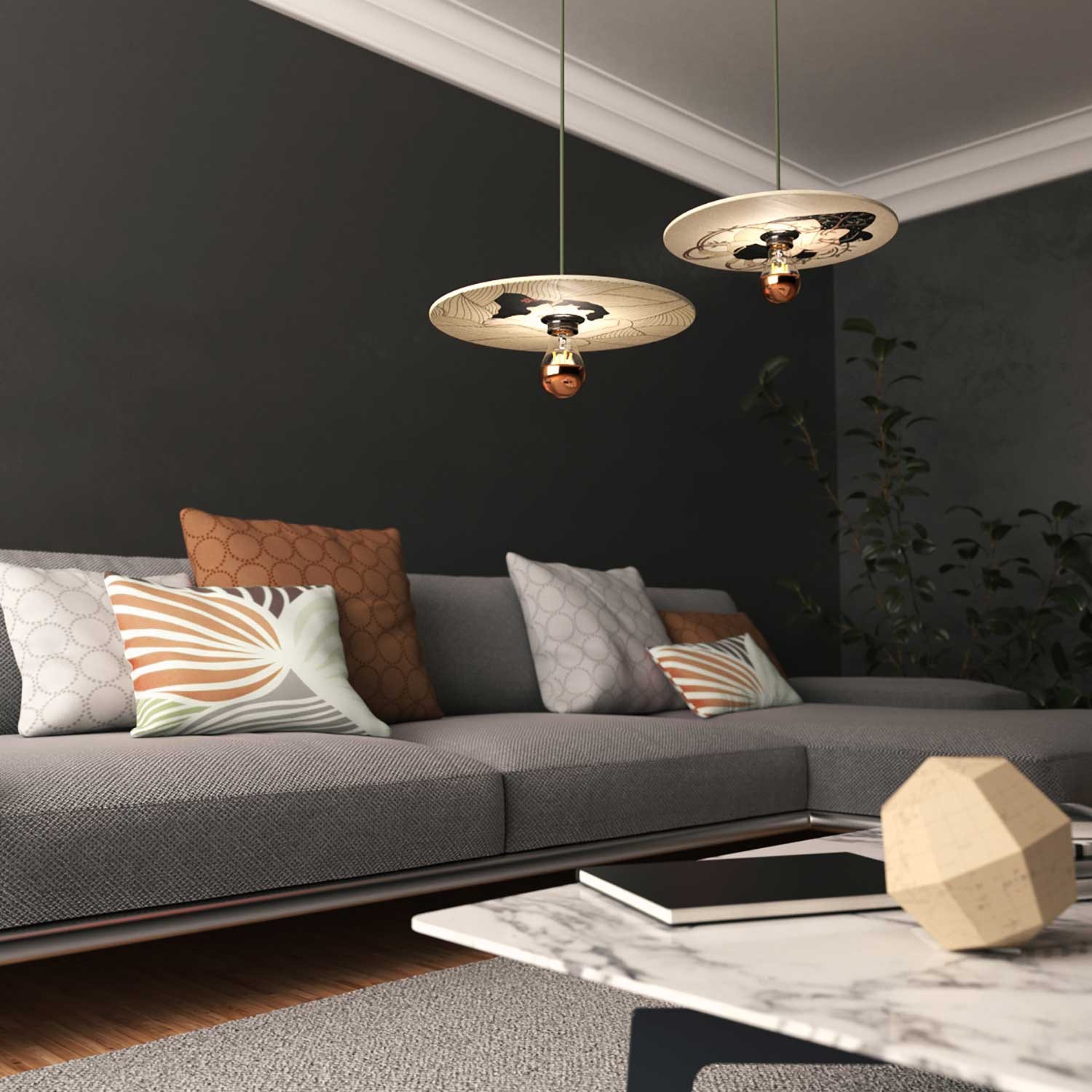 Lampada a sospensione con cavo tessile, paralume in legno UFO double-face e finiture in metallo - Made in Italy