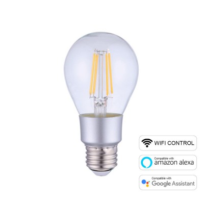 SMART - LED-Glühbirne Tropfen A60 Wifi transparent mit geradem Filament, 6W E27 dimmbar 2700K