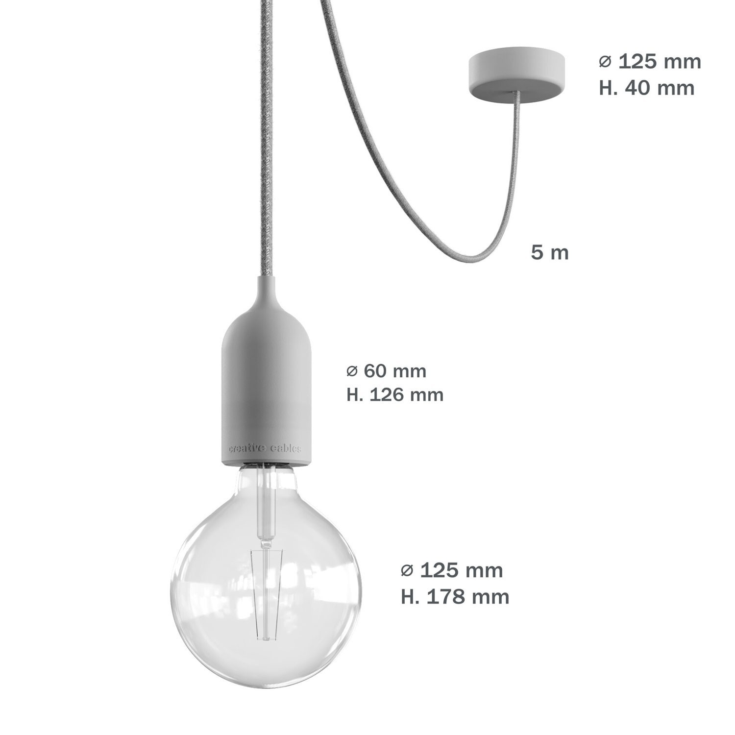 EIVA PASTEL Lampada a sospensione da esterno con cavo tessile, decentatore, rosone e portalampada in silicone IP65 waterproof