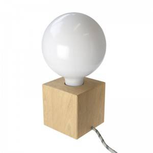 Posaluce Cubetto, lampada da tavolo in legno naturale completa di cavo tessile, interruttore e spina a 2 poli