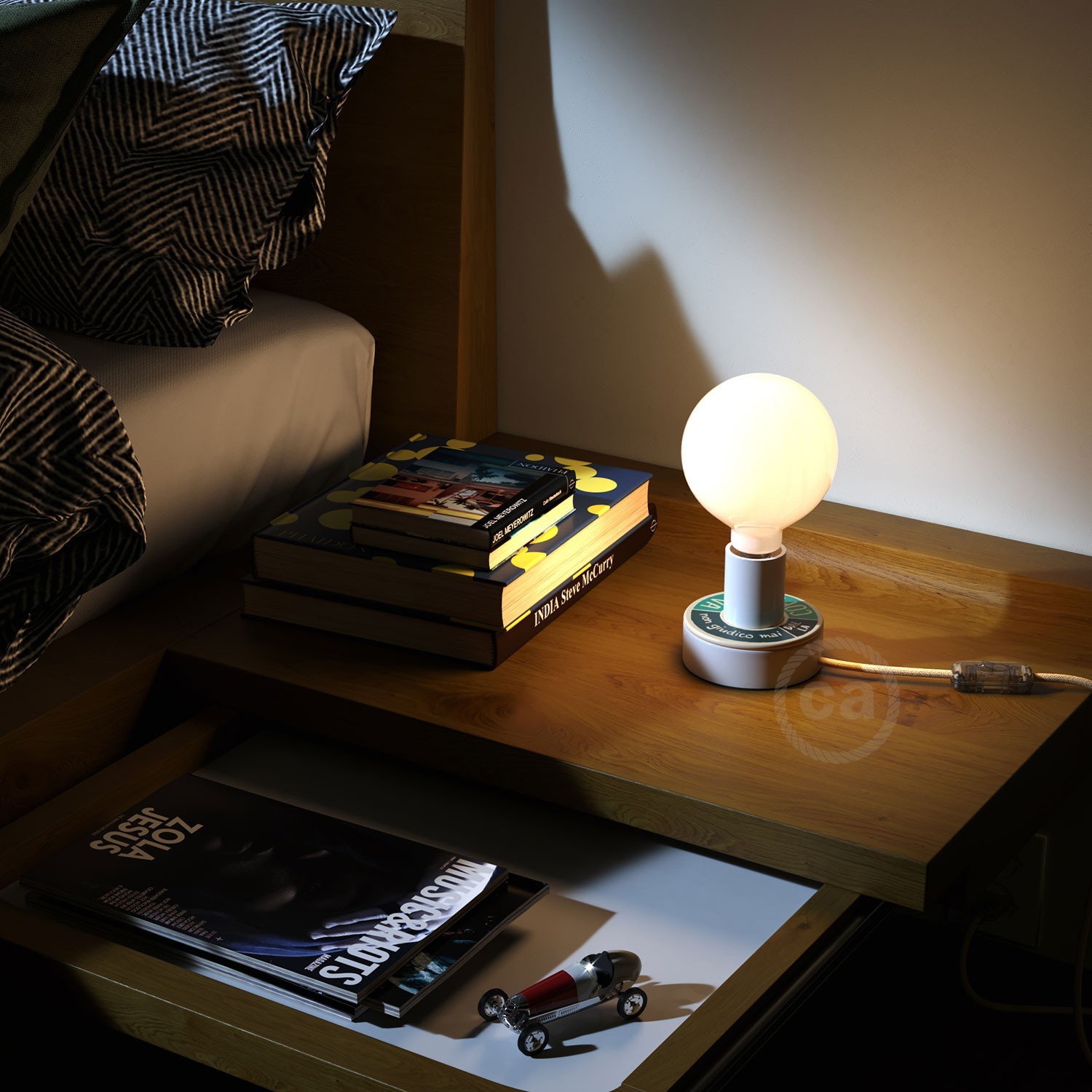 Lampe Posaluce MINI-UFO en bois double face PALLE DA LETTURA, avec câble textile, interrupteur et prise bipolaire