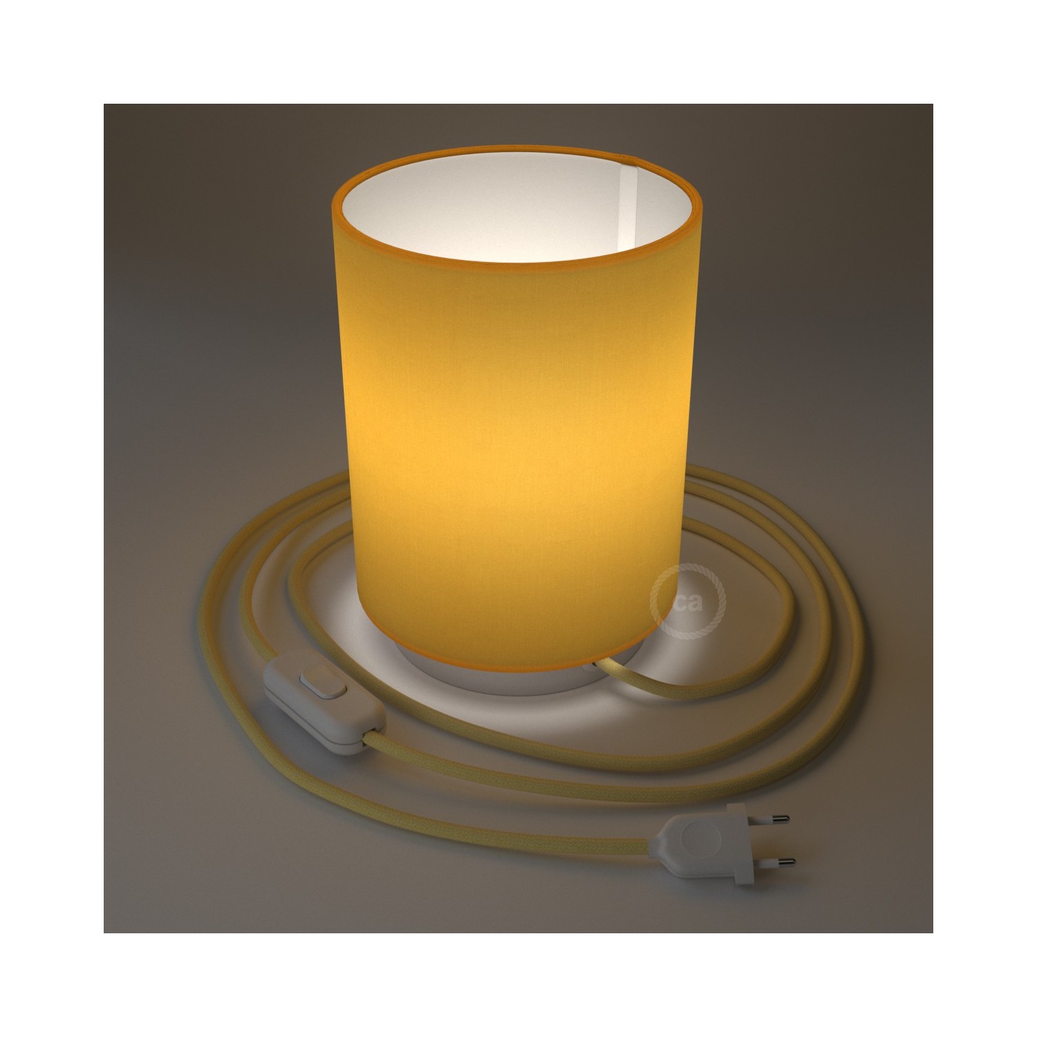Metall Posaluce mit leuchtend gelbem Lampenschirm Cilindro, komplett mit Textilkabel, Schalter und 2-poligem Stecker