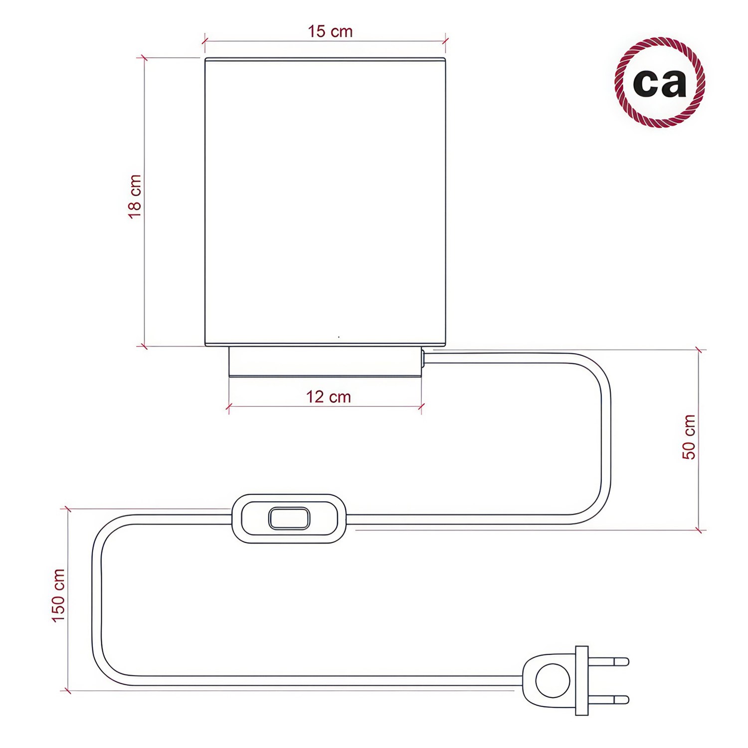 Posaluce aus Metall mit Lampenschirm Cilindro Cinette Petrolio, komplett mit Textilkabel, Schalter und 2-poligem Stecker