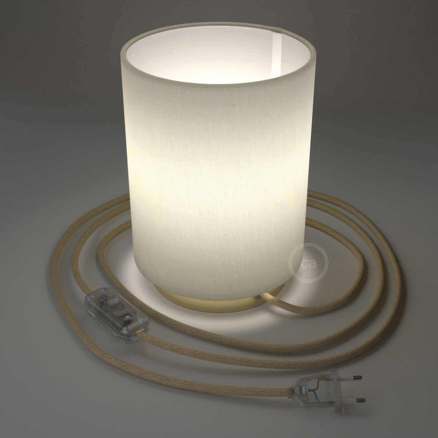 Lampe Posaluce en métal avec abat-jour Cilindro Linone Blanc, avec câble textile, interrupteur et prise bipolaire