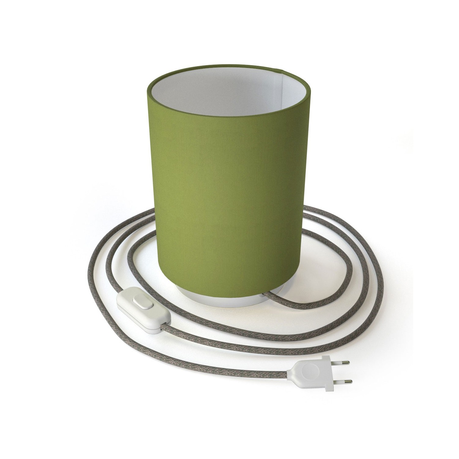 Posaluce in metallo con paralume Cilindro Teletta Verde Oliva, completo di cavo tessile, interruttore e spina 2 poli