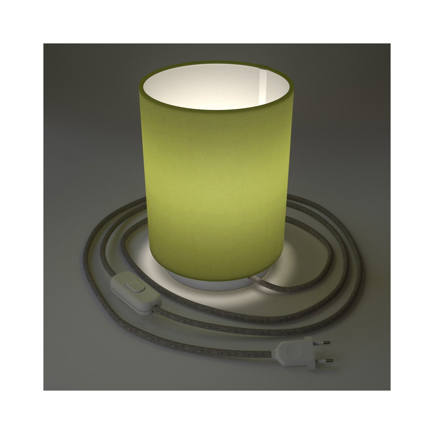 Metall Posaluce mit Lampenschirm Cilindro Leinwand Olivgrün, komplett mit Textilkabel, Schalter und 2-poligem Stecker