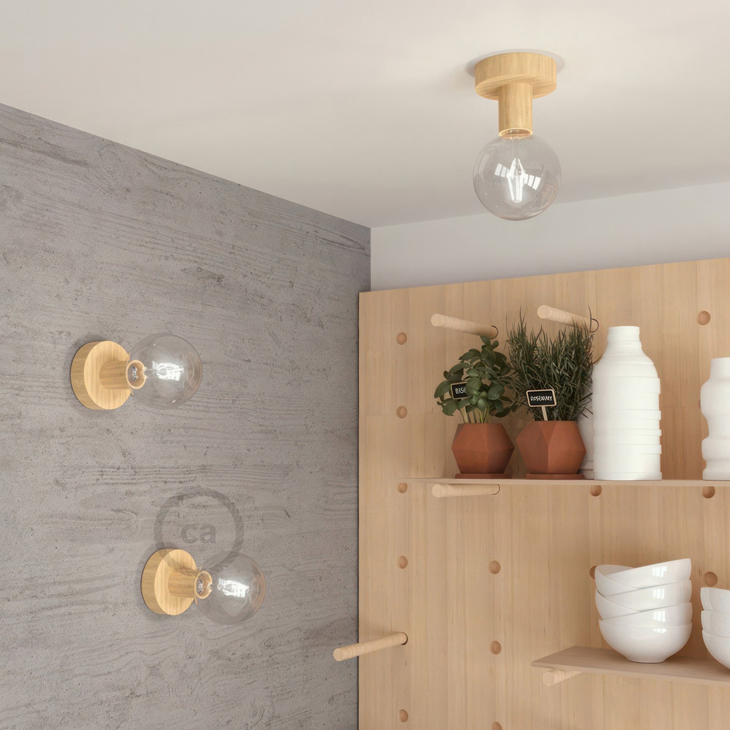 Fermaluce Wood S, punto luce a parete o soffitto in legno