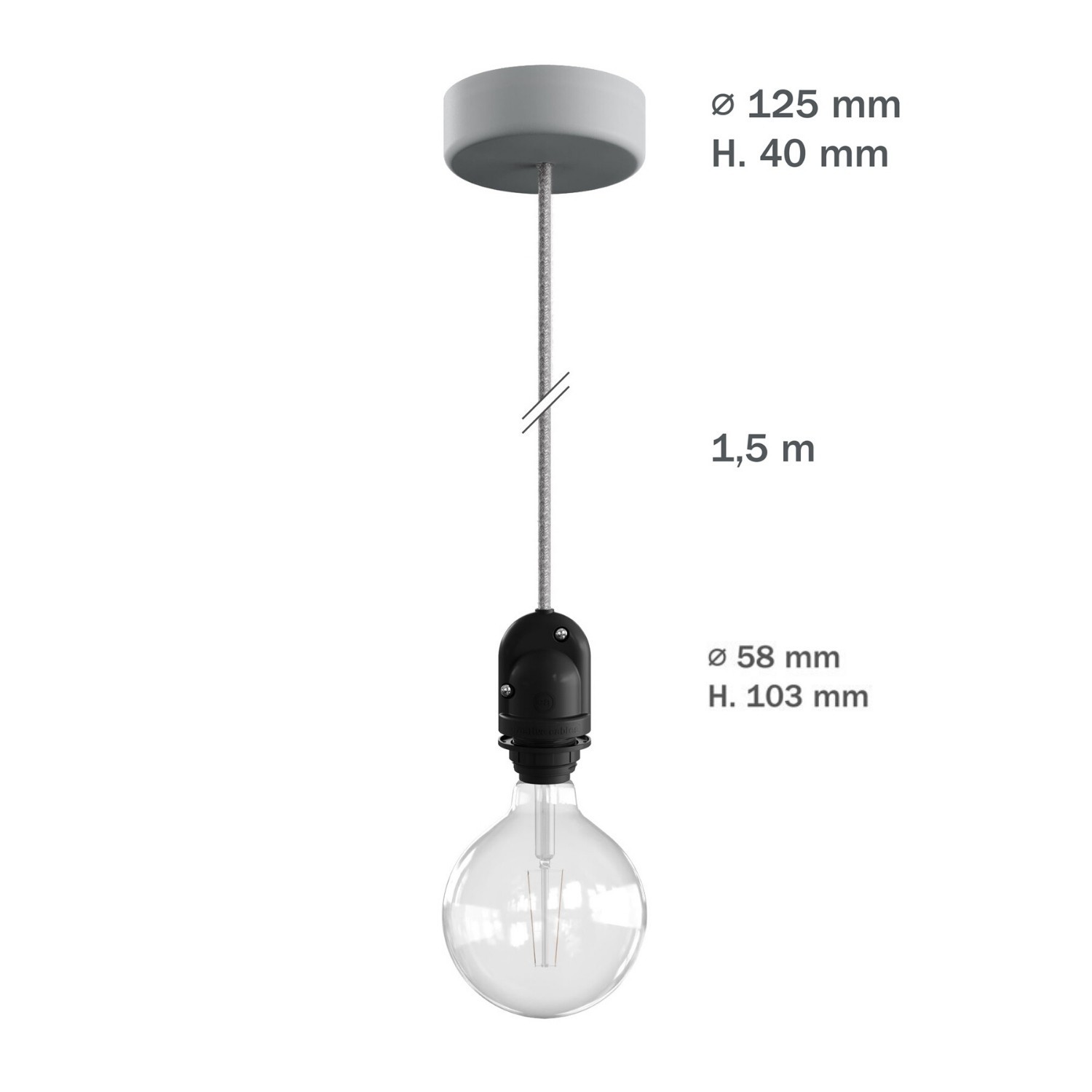 EIVA Lampada a sospensione per paralume da esterni con 1,5 m cavo tessile, rosone e portalampada IP65 waterproof