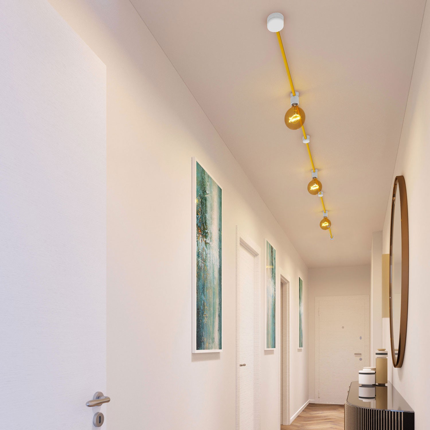 Kit Linear Filé system - avec câbles pour guirlande lumineuse de 5 mètres et 7 composants en bois verni blanc pour intérieur