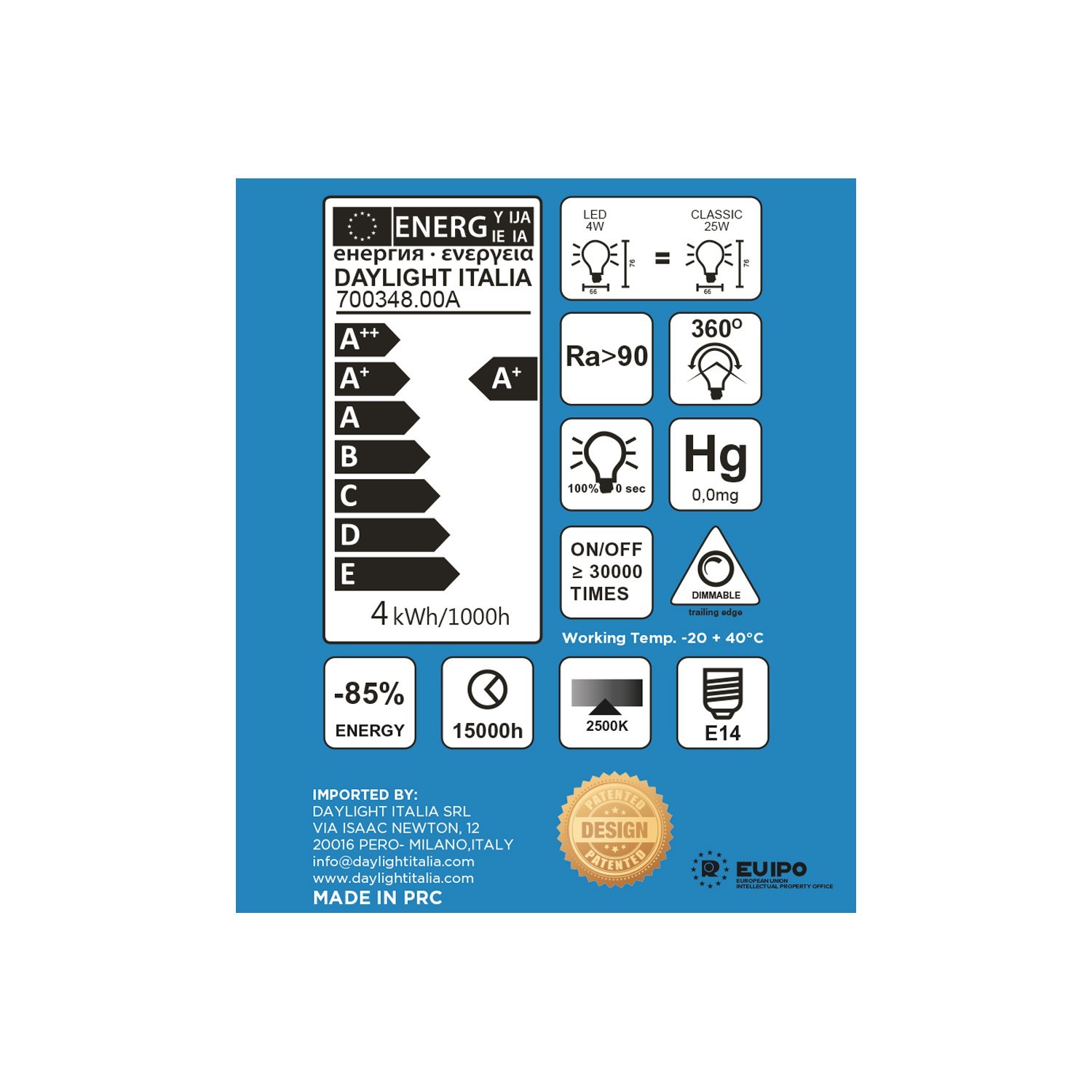 Lampadina LED DASH D66 White Frosted filamento dritto 4W E14 Dimmerabile 2700K