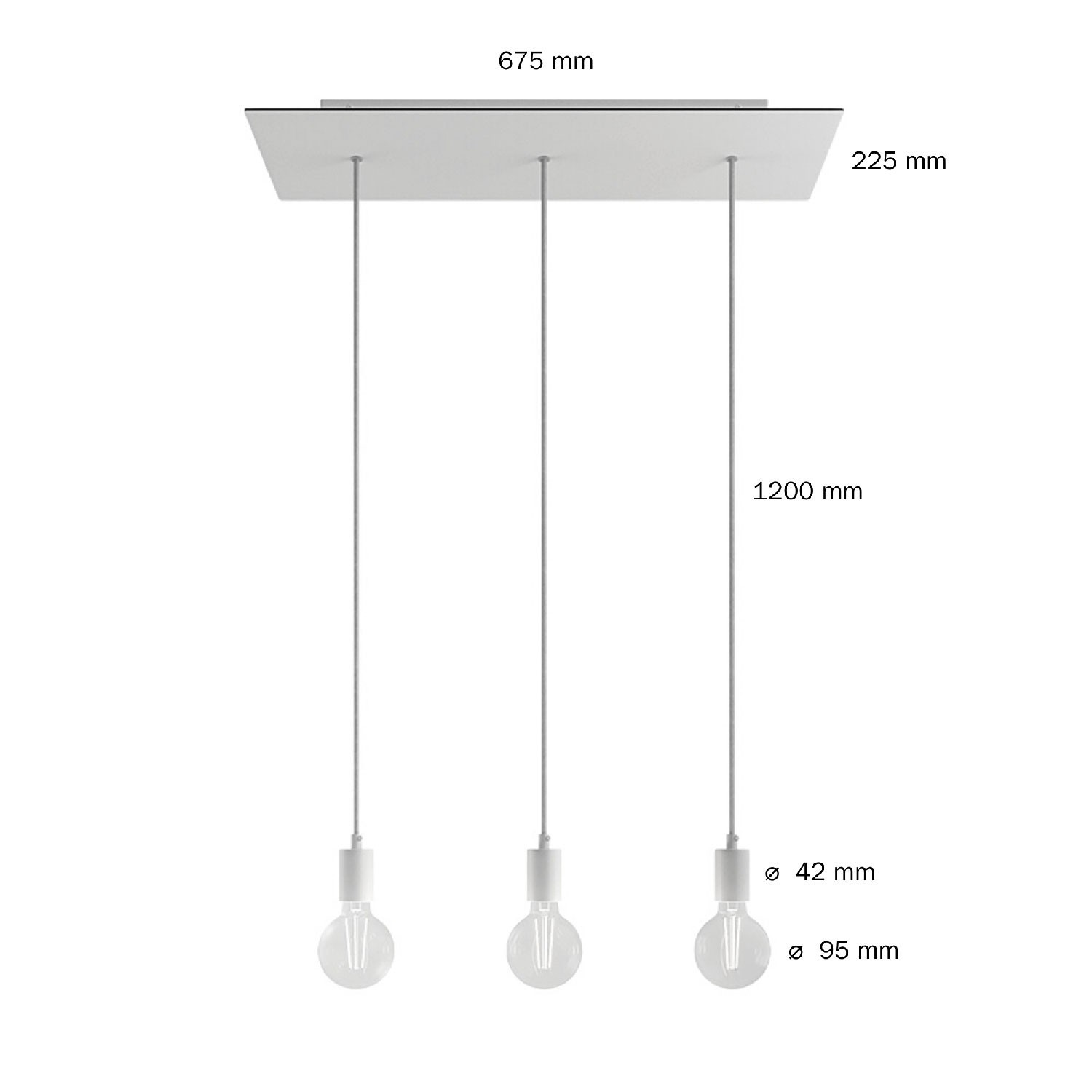 3-flammige Pendelleuchte mit rechteckigem XXL Rose-One 675 mm komplett mit Textilkabel und Beschichtungen aus Metall