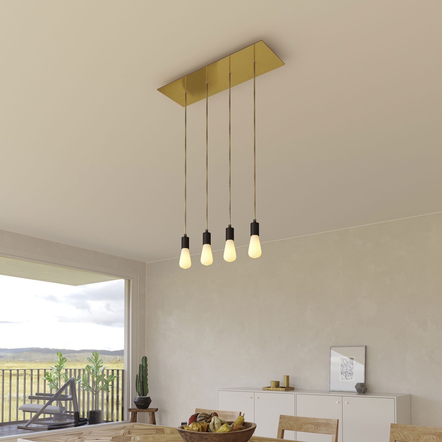 Suspension à 4 bras avec XXL Rose-One rectangulaire 675 mm complète avec câble textile et finitions en métal