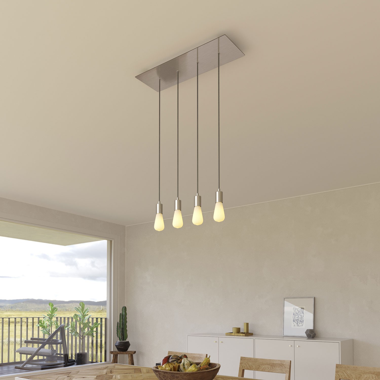 Lampada a sospensione a 4 cadute con XXL Rose-One rettangolare 675 mm completa di cavo tessile e finiture in metallo