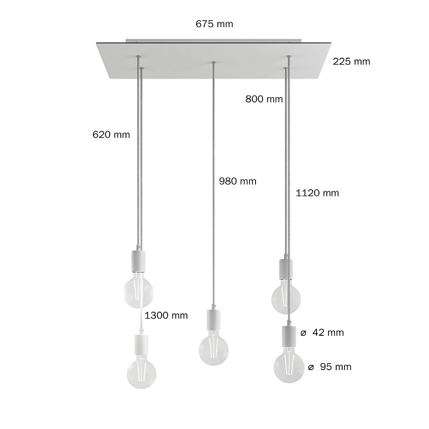 Lampada a sospensione a 5 cadute con XXL Rose-One rettangolare 675 mm completa di cavo tessile e finiture in metallo