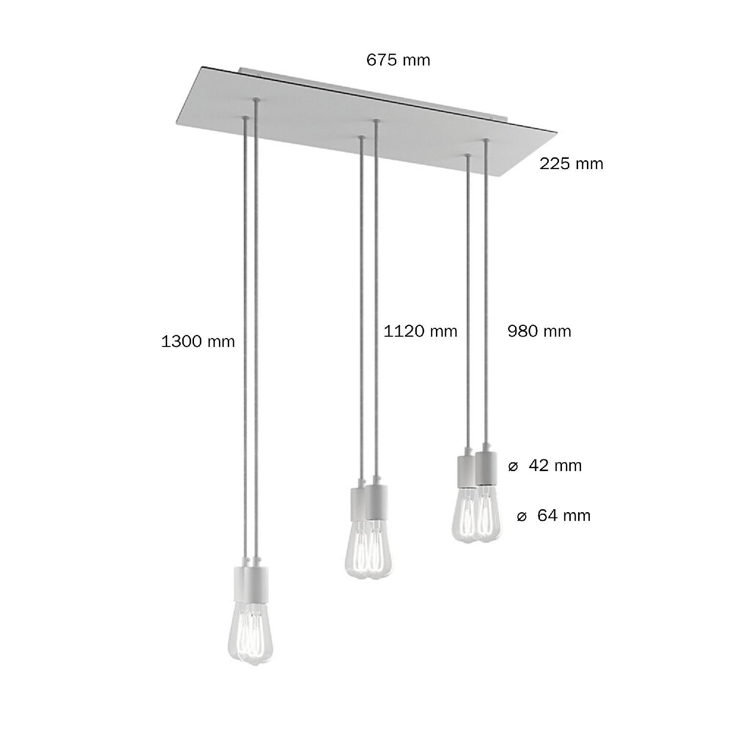 Lampada a sospensione a 6 cadute con XXL Rose-One rettangolare 675 mm completa di cavo tessile e finiture in metallo