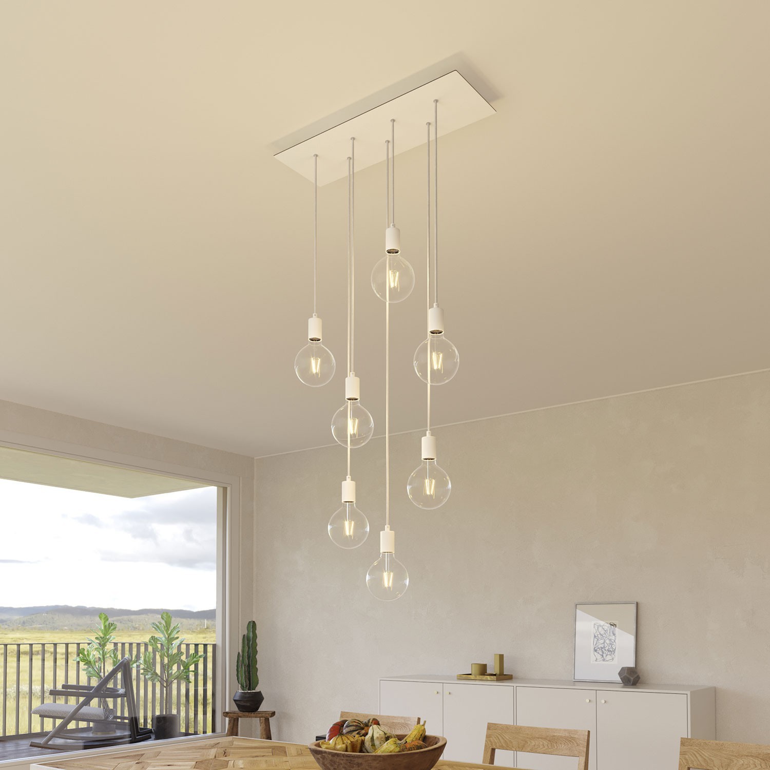 Lampada a sospensione a 7 cadute con XXL Rose-One rettangolare 675 mm completa di cavo tessile e finiture in metallo