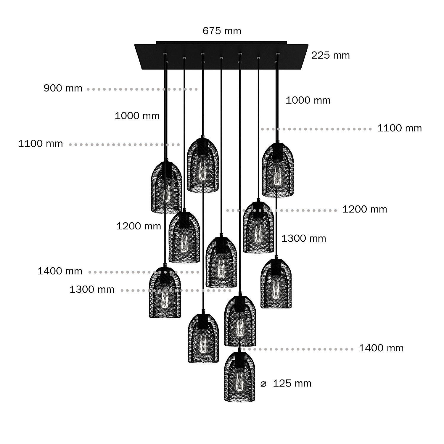 Lampada a sospensione a 11 cadute con XXL Rose-One rettangolare 675 mm completa di cavo tessile e paralume in metallo Ghostbell