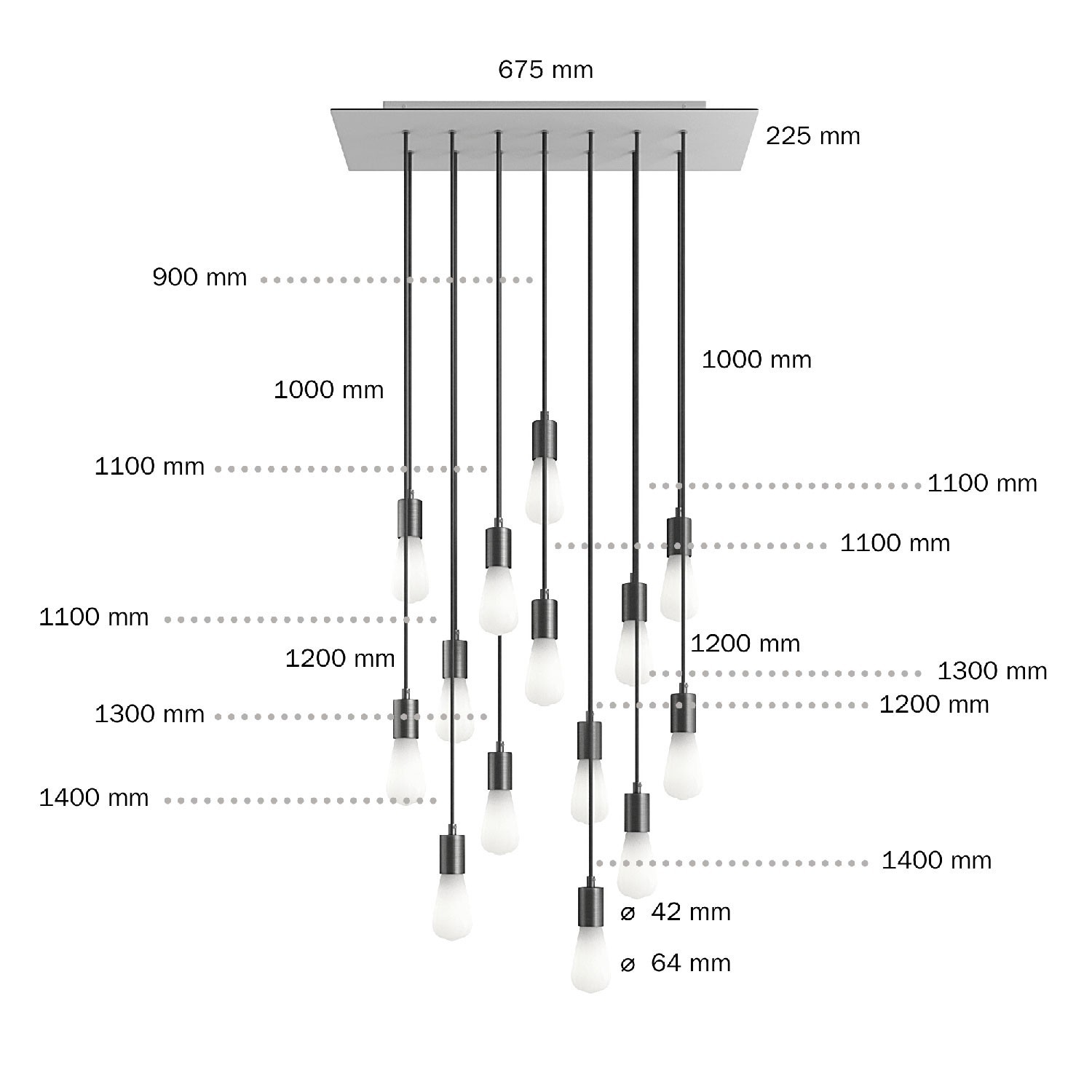 14-flammige Pendelleuchte mit rechteckigem XXL Rose-One 675 mm komplett mit Textilkabel und Beschichtungen aus Metall