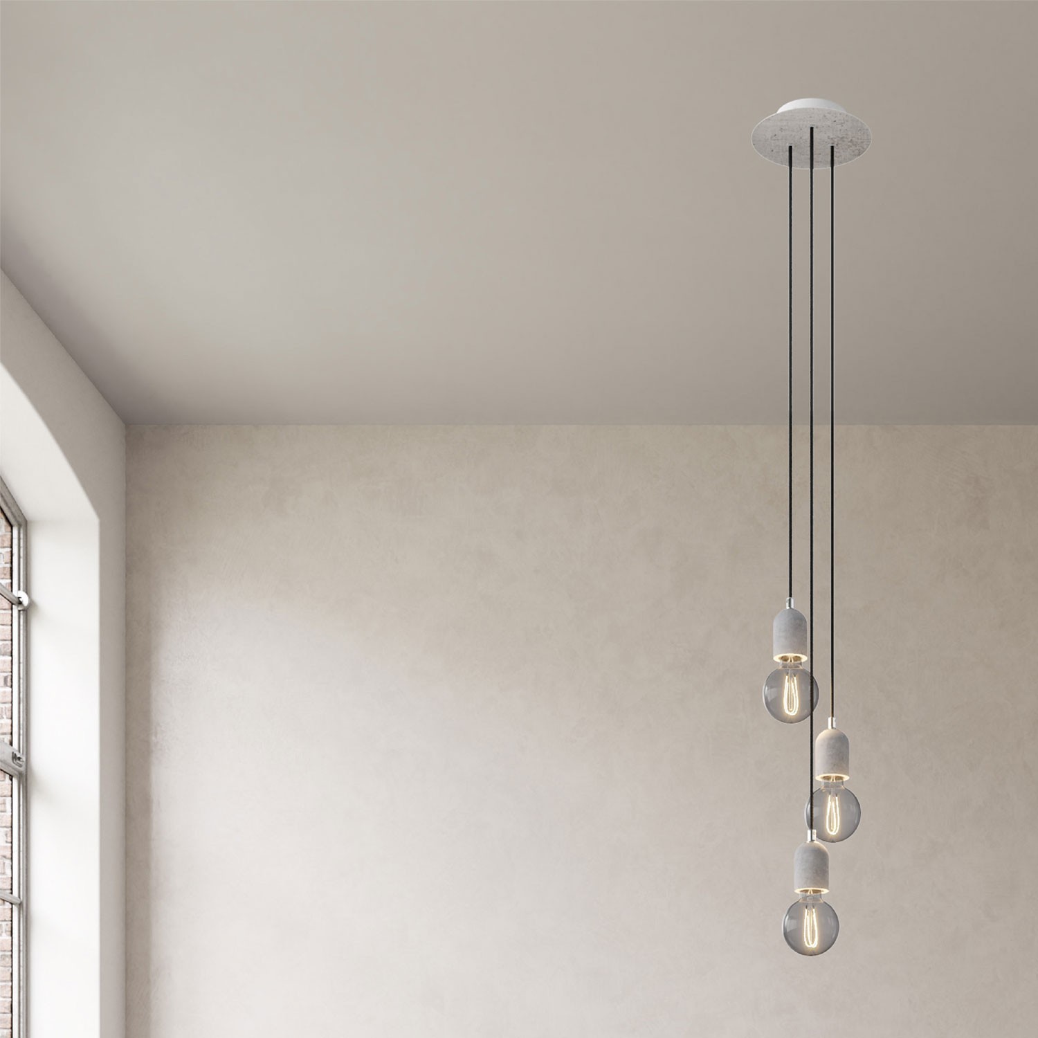 Lampe suspension multiple 3 bras avec Rose-One rond 200 mm, câble textile et finitions en béton