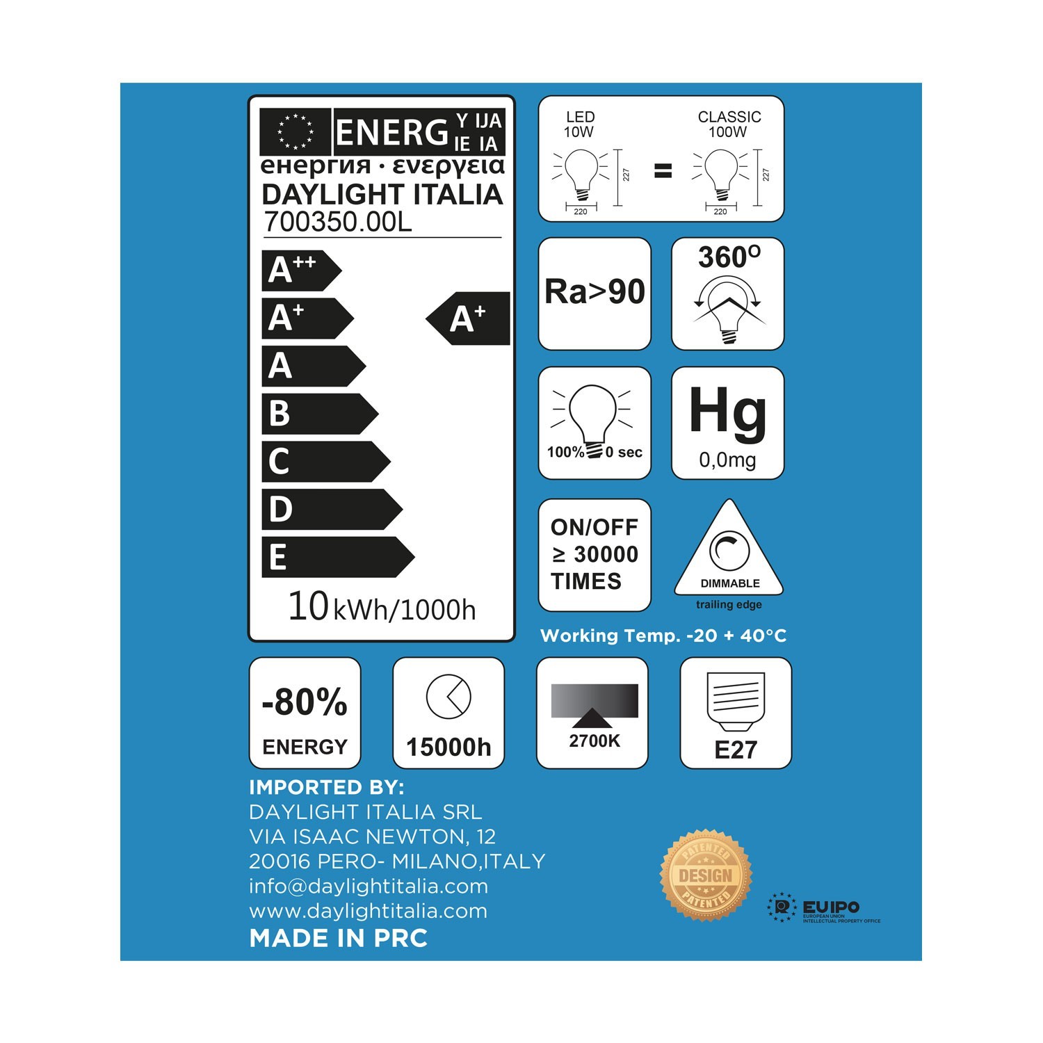 Ampoule LED XL Porcelaine Delo Ligne Ciaobella 10W Dimmable 2700K