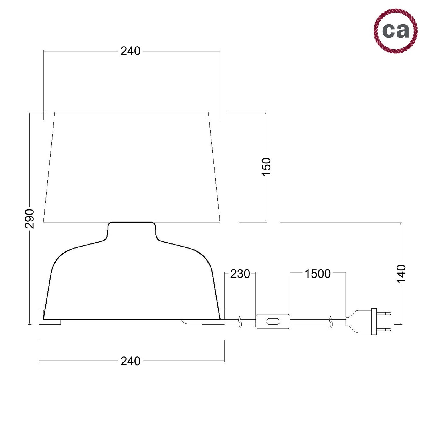 Lampada da tavolo in ceramica Coppa con paralume Athena, completa di cavo tessile, interruttore e spina a 2 poli