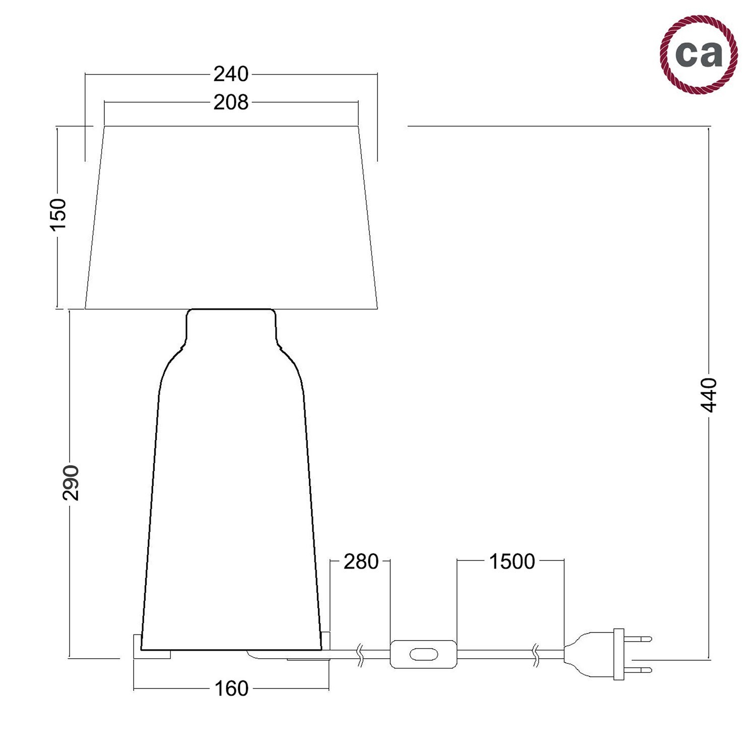 Lampada da tavolo in ceramica Bottiglia con paralume Athena, completa di cavo tessile, interruttore e spina a 2 poli