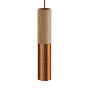 Pendelleuchte Made in Italy, komplett mit Textilkabel und doppeltem Tub-E14 Lampenschirm aus Holz und Metall