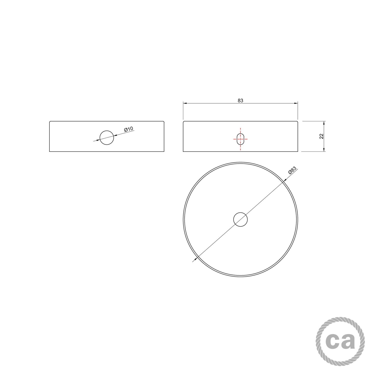 Kit runder Mini Lampenbaldachin aus Metall mit 1 zentralen Loch und 2 Seitenlöchern