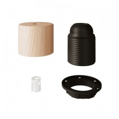 Kit zylinderförmige E27 Holz-Lampenfassung mit Gewinde und Zugentlastung für Lampenschirm