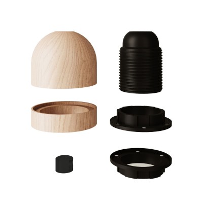 Kit douille E27 filetée semi-sphérique en bois avec serre-câble dissimulé et couvre anneau pour abat-jour