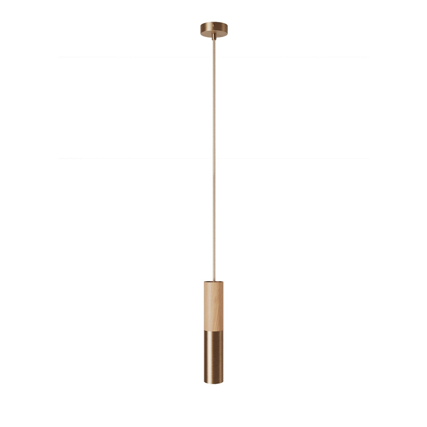 Lampe à suspension Made in Italy avec câble textile et double abat-jour Tub-E14 en bois et métal