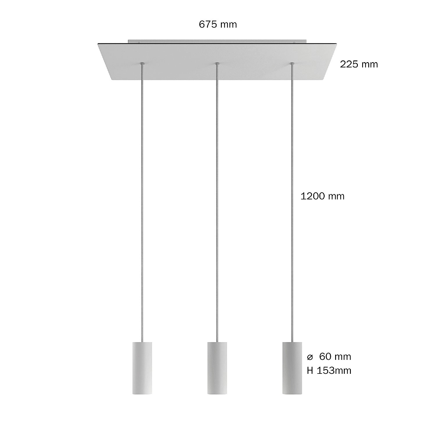 3-flammige Pendelleuchte mit rechteckigem XXL-Rose-One 675 mm komplett mit Textilkabel und Tub-E14-Lampenschirm aus Metall