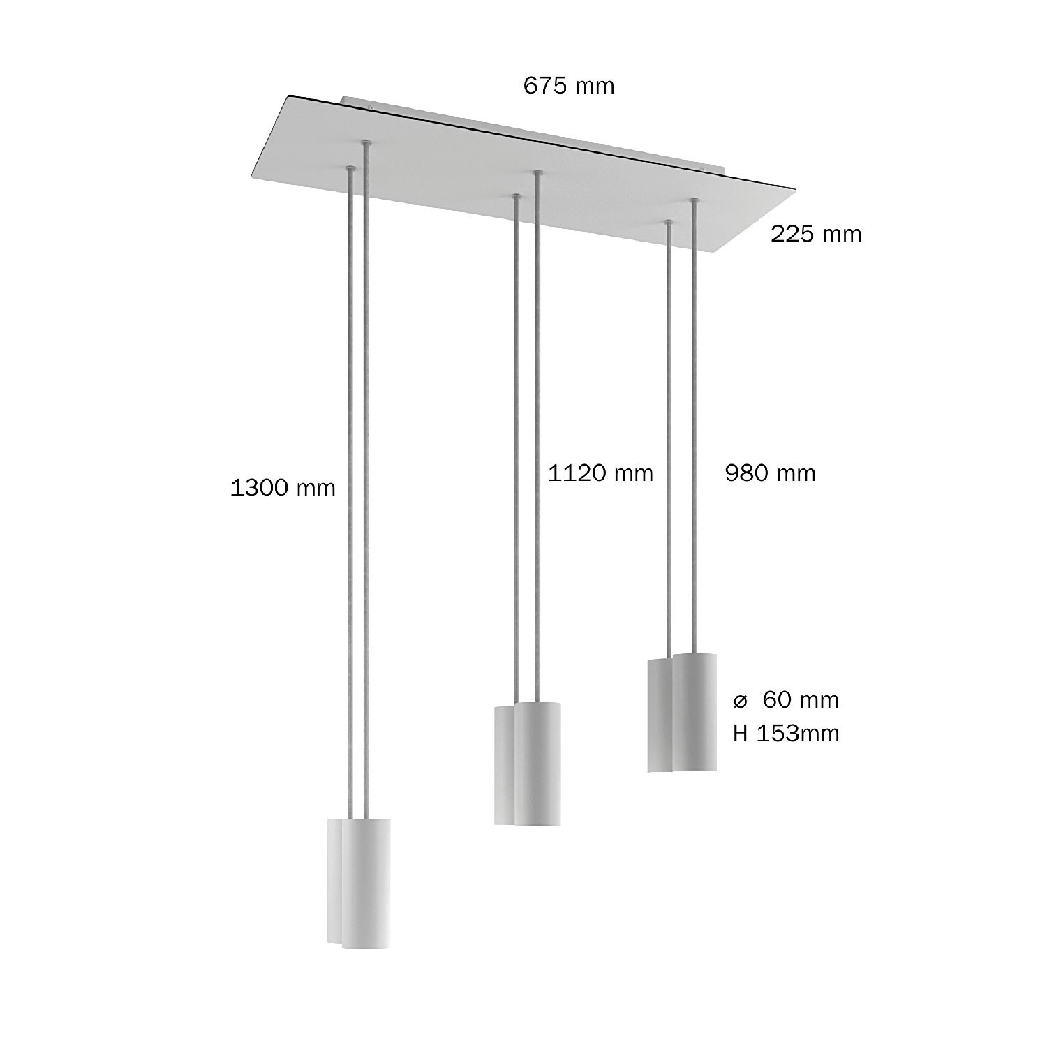 6-flammige Pendelleuchte mit rechteckigem XXL-Rose-One 675 mm komplett mit Textilkabel und Tub-E14-Lampenschirm aus Metall