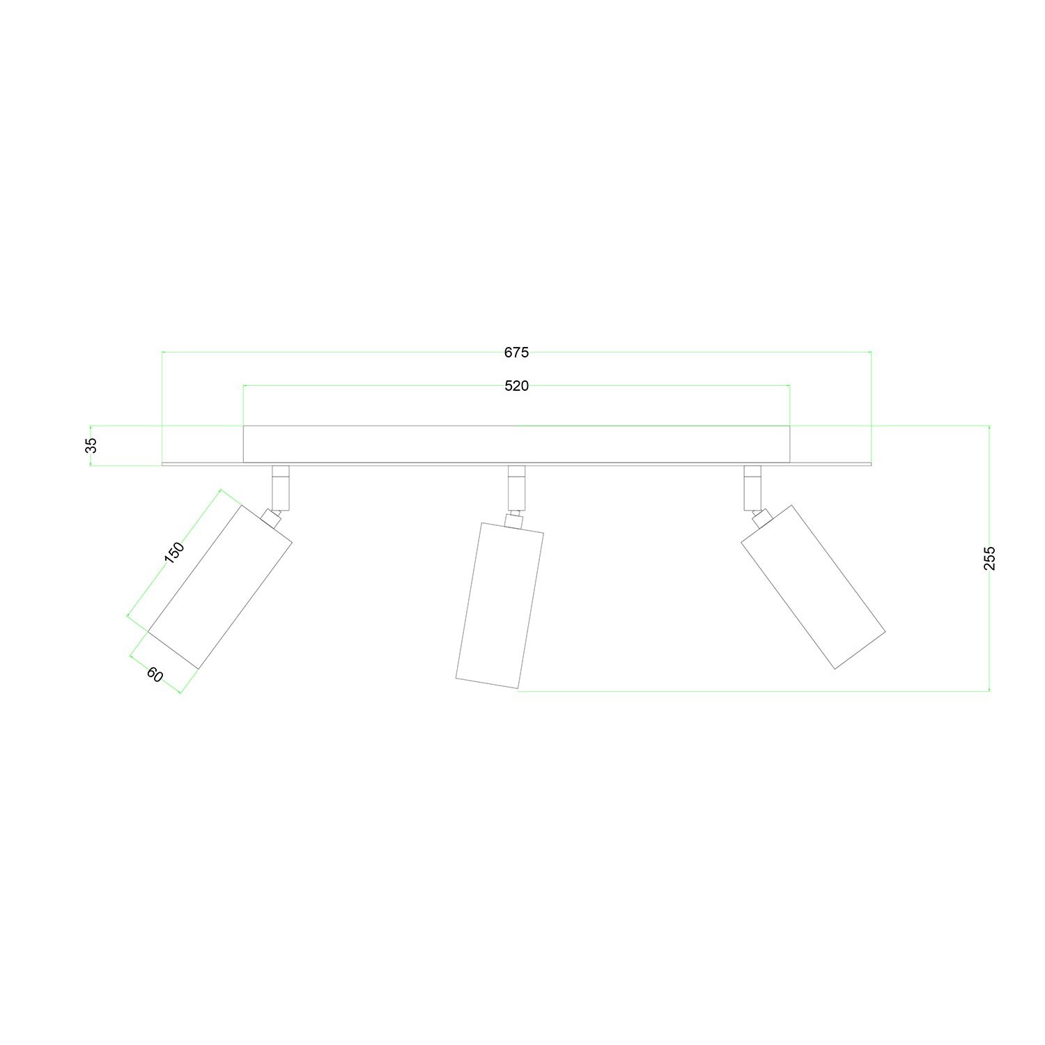 Leuchte mit 3 Strahlern, mit Tub-E14 Lampenschirmen und rechteckigem XXL Rose-One Baldachin